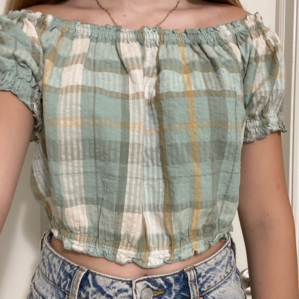 puffy plaid off the shoulder top